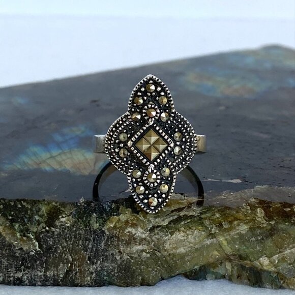 VTG Sterling Silver 925 Oxidized Art Deco Style Marcasite Band Ring Sz 6.75 - Picture 12 of 16